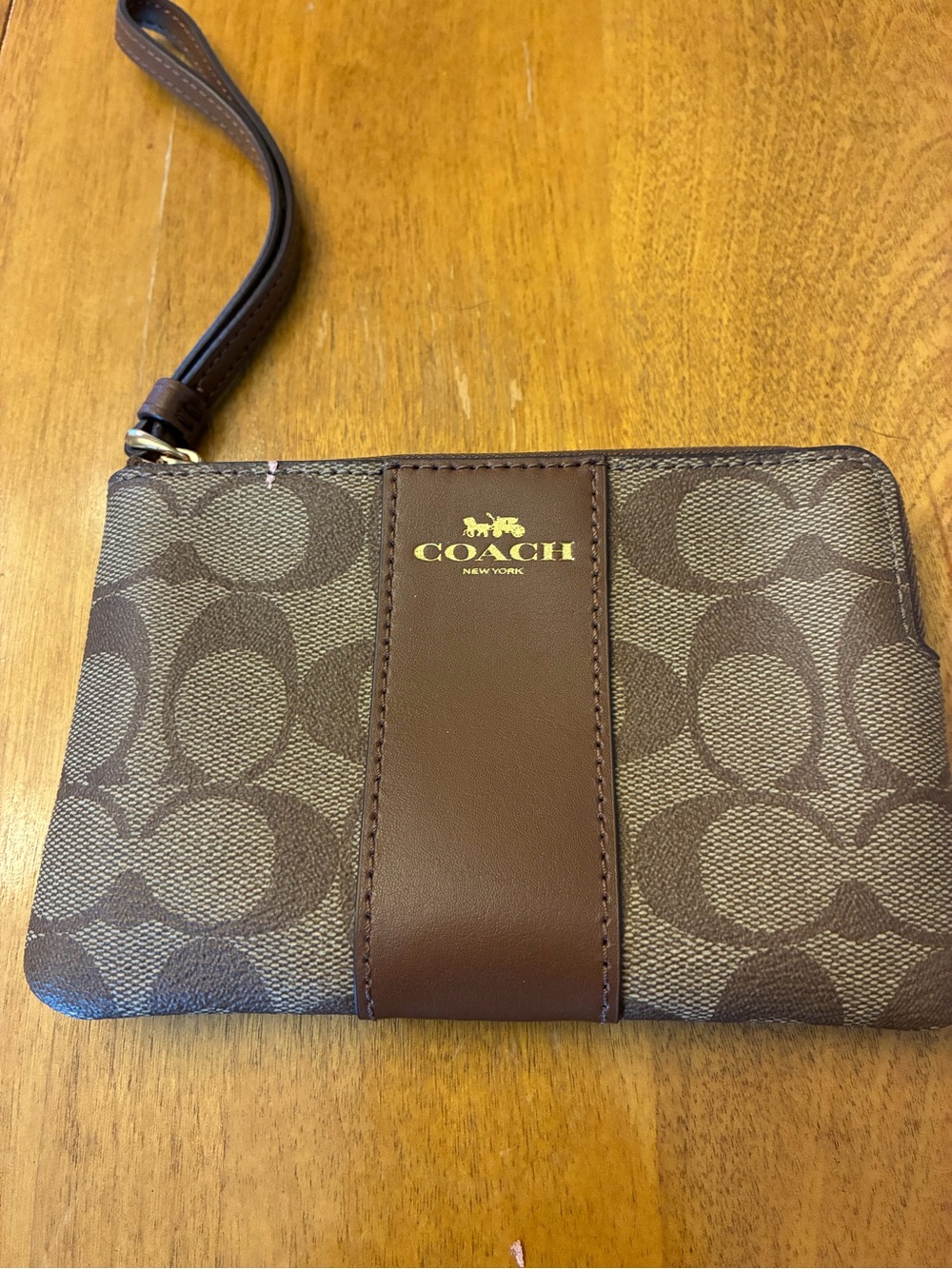 Coach Brown Signature Canvas Wristlet with Leather Trim